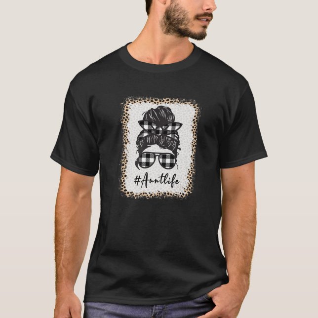Aunt Life Bleached Auntlife Leopard Messy Bun Moth T Shirt (Framsida)