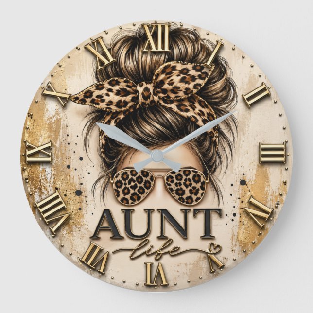 Aunt Life Leopard Print Messy Bun Cheetah Stor Klocka (Framsida)