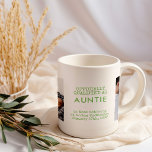 Auntie 2 Anpassningsbar Baby Foton och födelseatte Kaffemugg<br><div class="desc">Modern keepsaké-foto mugg för en ny tidsenhet. Utformningen har en grönt- och vit färg-palett med skrivtext och modern typografi. Mallen är utformad så att du kan lägga till två foton, moster ny rubrik (moster, Auntie osv.) samt exakt tid och datum som hon kvalificerade som ny morförälder. (Om du vill ändra...</div>