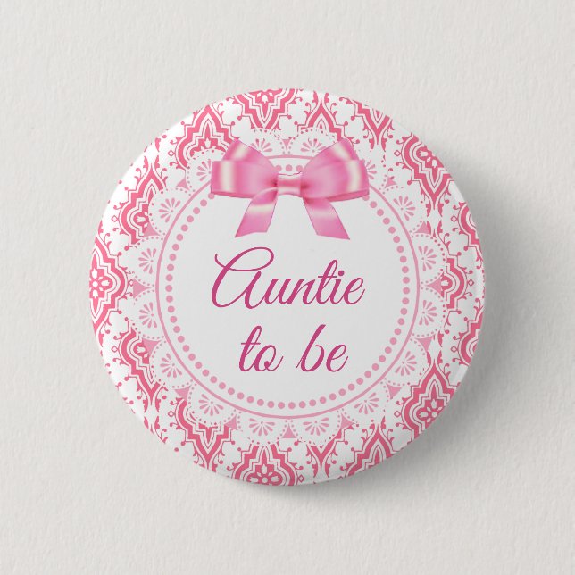 Auntie att bli Rosa Bow Lacey Baby Shower Button Knapp (Framsida)