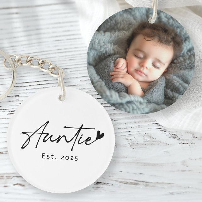 Auntie Est-års handskrivet hjärtfoto för skript (Auntie Est year handwritten script heart photo Keychain)