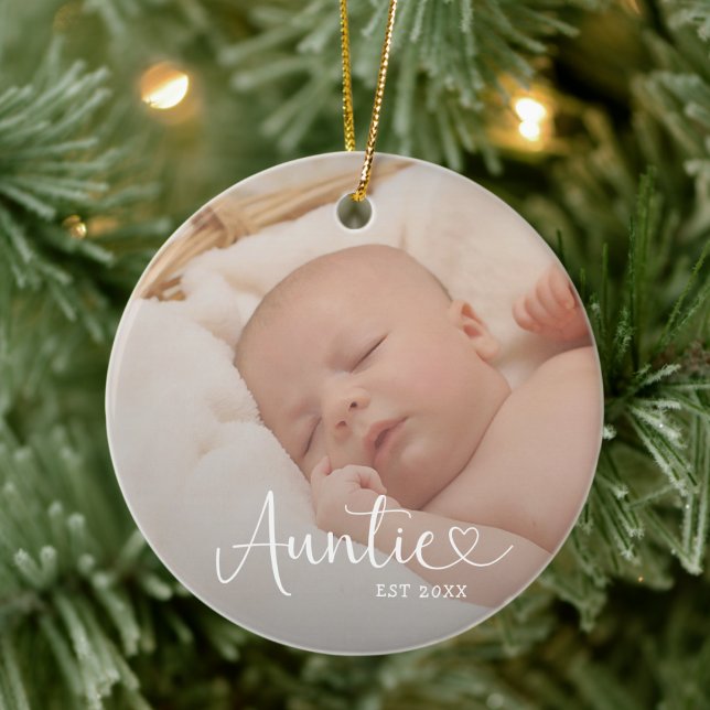 Auntie Established 2 Baby Photo Cute Heart Julgransprydnad Keramik (Skapare uppladdad)