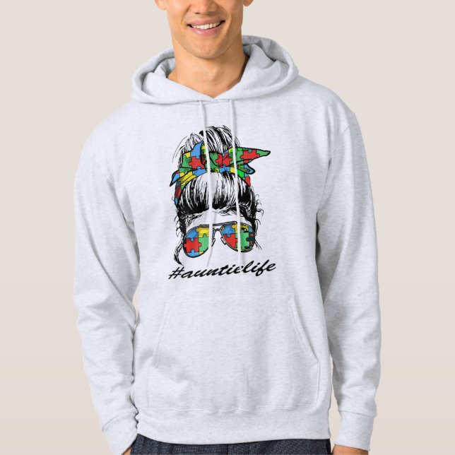 Auntie Life Autism Awareness Messy Bun Girl Mor Hoodie (Framsida)