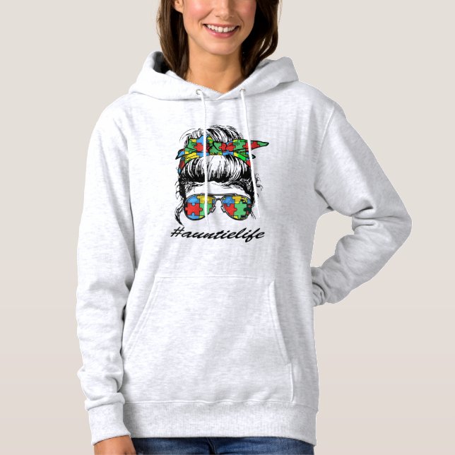 Auntie Life Autism Awareness Messy Bun Girl Mor T Shirt (Framsida)