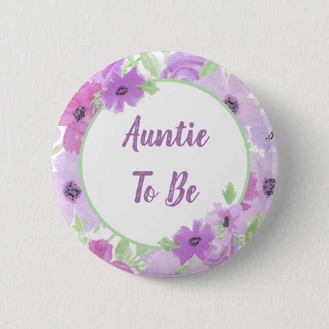 Auntie to BE Watercolor Blommigt Baby Shower Knapp (Framsida)