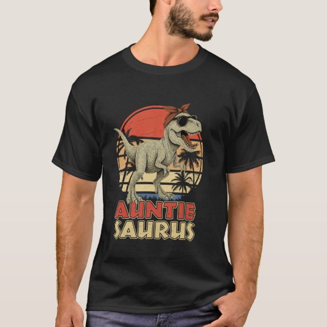Auntiesaurus Dinosaur Rolig Retro Solnedgång Cool  T Shirt (Framsida)