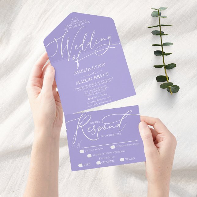 Aura Indigo och White Calligraphy Script Bröllop (Aura Indigo Elegant Script Calligraphy Wedding Invitation All in One)
