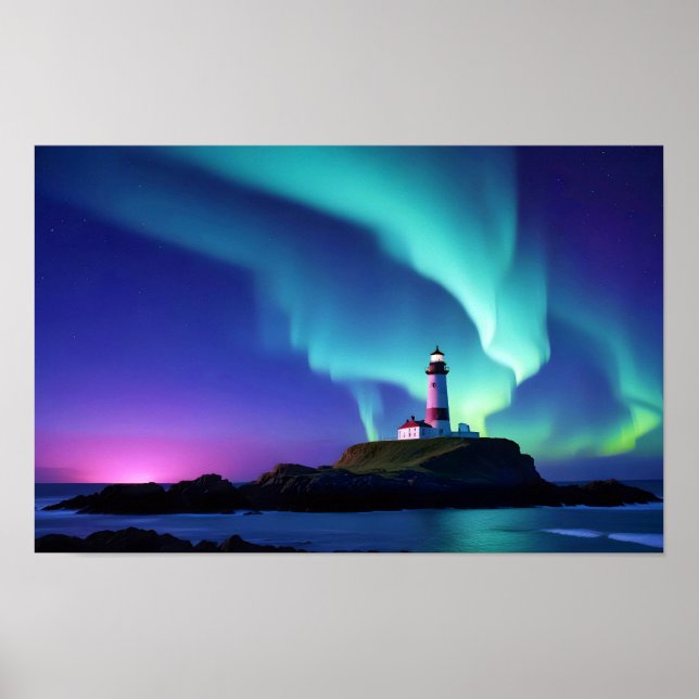 Aurora av fyr vid kusten poster (Framsidan)