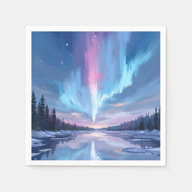 Aurora Borealis Akvarell Norrsken Målad Pappersservett (Framsidan)