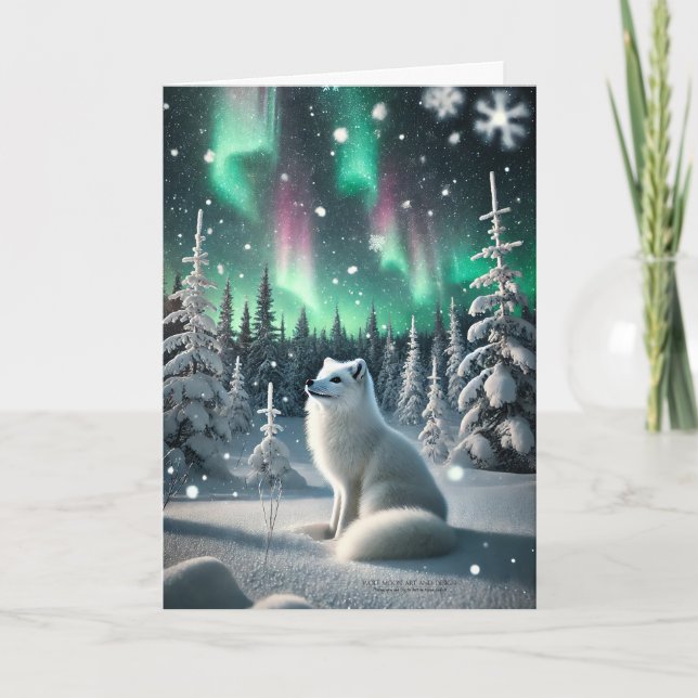 Aurora Borealis Arctic Fox Aurora Wintery Woodland Helgkort (Framsida)