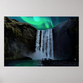 Aurora Borealis at Waterfall Skógafoss, Island Poster