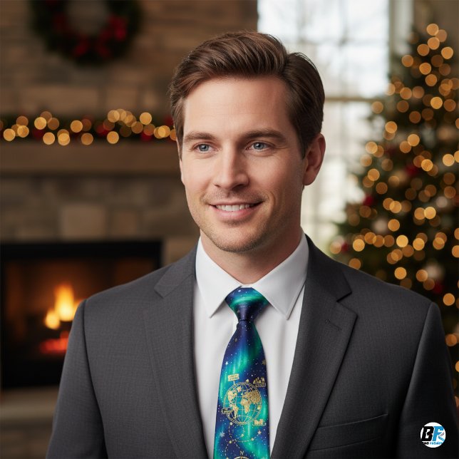 Aurora Borealis Christmas Map, Gold North Pole  Slips (Christmas Neck Tie)