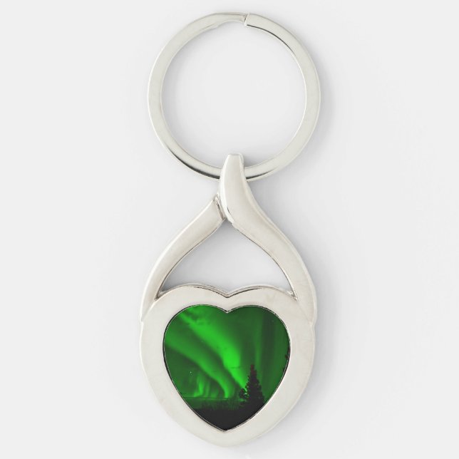 aurora-borealis-grönt twisted heart silverfärgad nyckelring (Framsidan)