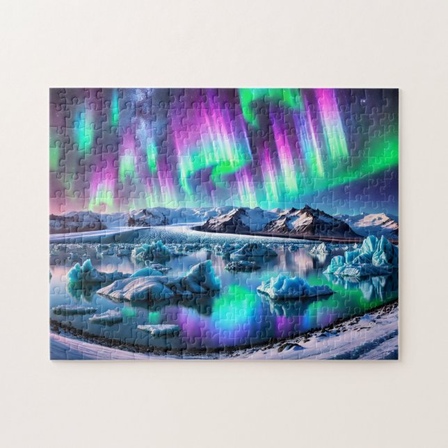 Aurora Borealis Iceland Northern Lights Landscape Pussel (Horisontell)