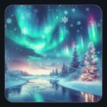 aurora borealis/jul/vinter fyrkantigt klistermärke<br><div class="desc">julhelgens nyck</div>