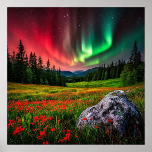 Aurora Borealis lyser upp en naturskön äng Poster