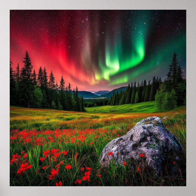 Aurora Borealis lyser upp en naturskön äng Poster (Framsidan)
