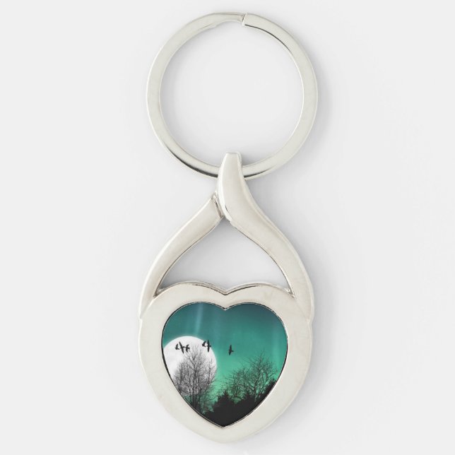 Aurora Borealis & Måne - Grönt Twisted Heart Silverfärgad Nyckelring (Framsidan)