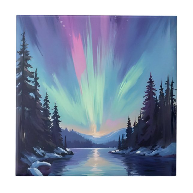 Aurora Borealis | Norrsken Akvarell Kakelplatta (Framsidan)