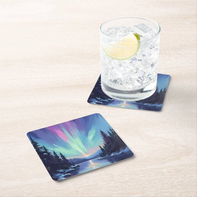 Aurora Borealis | Norrsken Akvarell Underlägg Papper Kvadrat (Insitu)