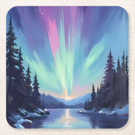 Aurora Borealis | Norrsken Akvarell Underlägg Papper Kvadrat