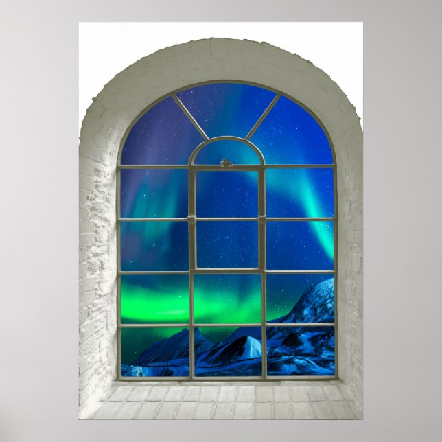Aurora Borealis Northern Ljus Faux Window Art Poster (Framsidan)