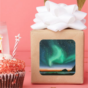 Aurora Borealis - Oljemålning Fyrkantigt Klistermärke