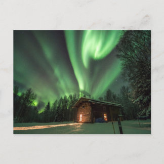 Aurora Borealis over Log Cabin Photo Postcard Vykort