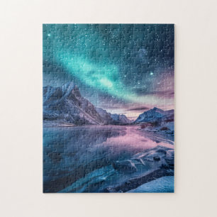Aurora Borealis över snöberg liggande Pussel