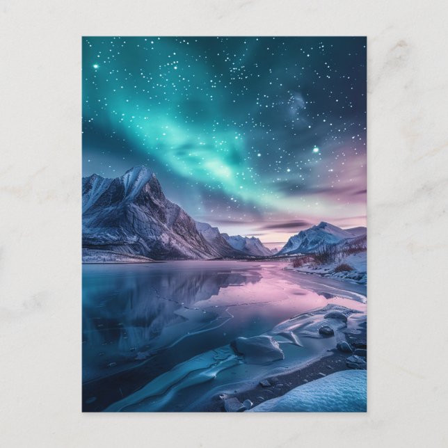 Aurora Borealis över snöberg liggande Vykort (Framsida)