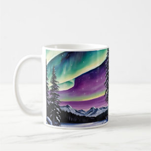 Aurora Borealis över snöskog, gräs, liggande Kaffemugg