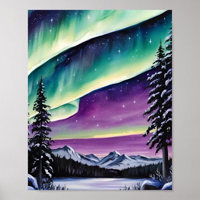Aurora Borealis över snöskog, gräs, liggande Poster (Framsidan)