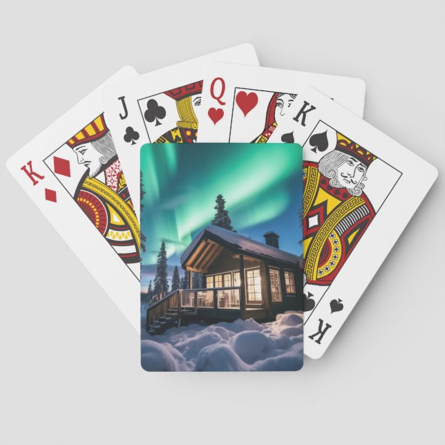Aurora borealis över vinterkabinen casinokort (Baksidan)
