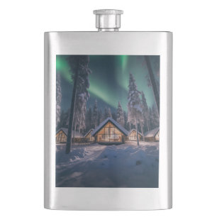 Aurora borealis över vinterkabinen fickplunta