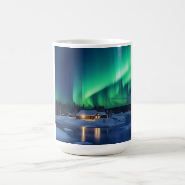 Aurora borealis över vinterkabinen kaffemugg (Center)
