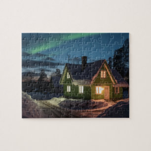 Aurora borealis över vinterkabinen pussel