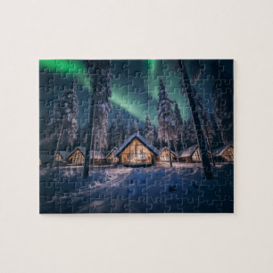 Aurora borealis över vinterkabinen pussel