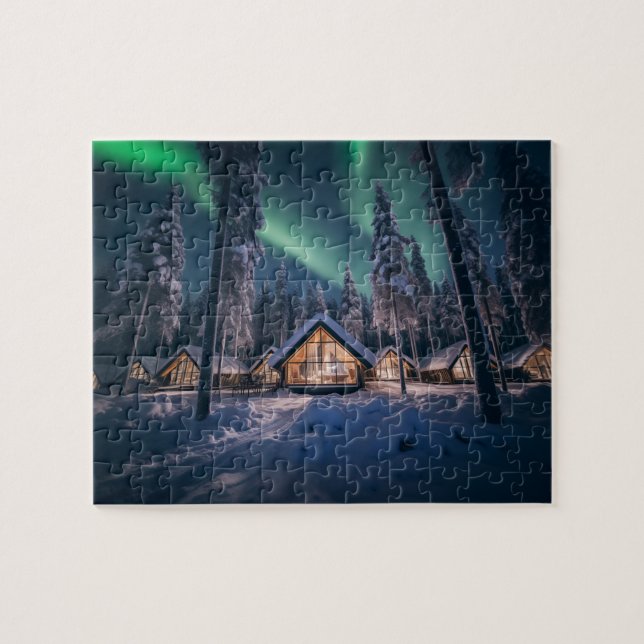 Aurora borealis över vinterkabinen pussel (Horisontell)