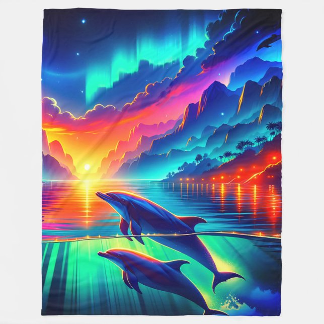 "Aurora Dolphin Sunset - Vibrant Ocean Art" Fleecefilt (Framsidan)