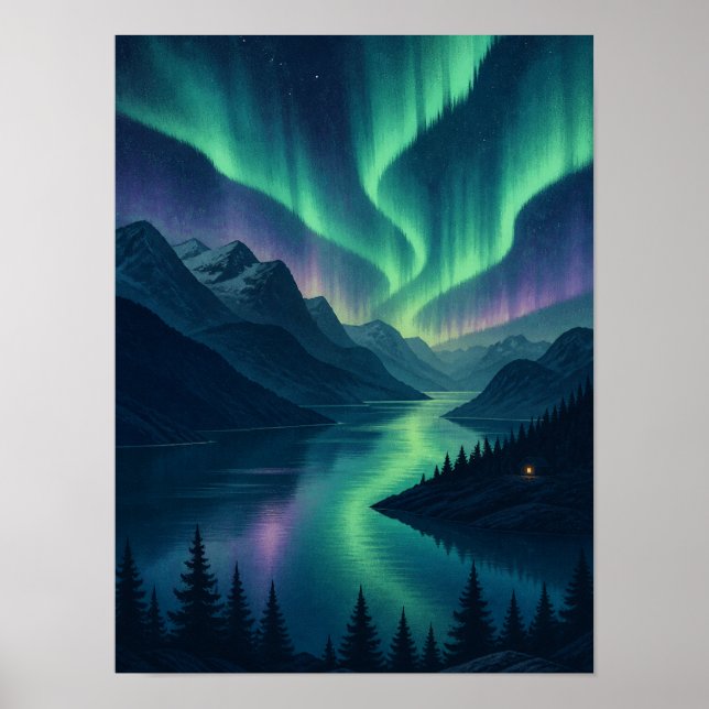 Aurora Fjord Norrsken 12x16 Affisch (Framsidan)