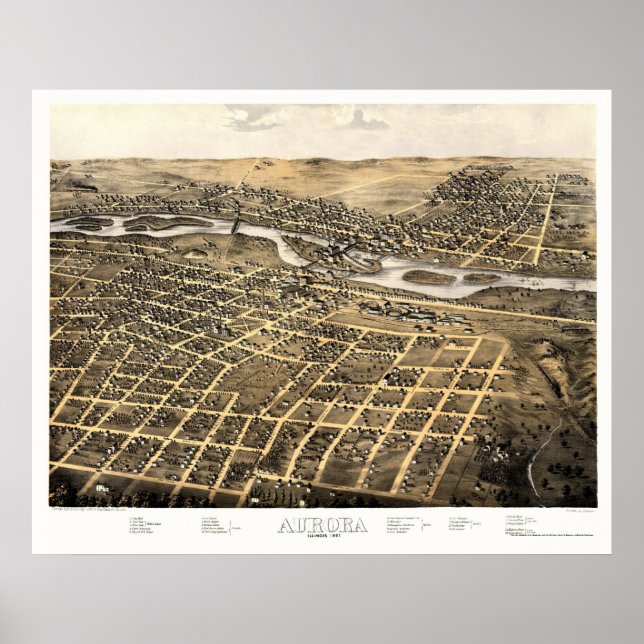 Aurora, IL Panoramic Karta - 1867 Poster (Framsidan)