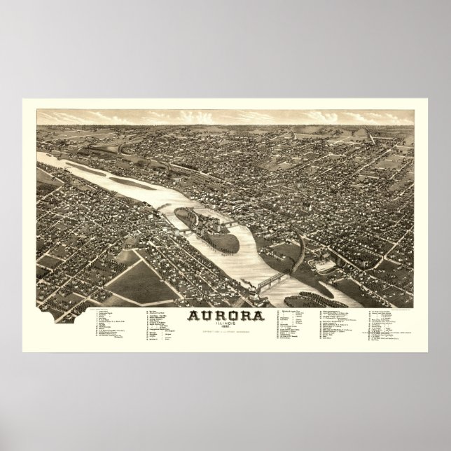 Aurora, IL Panoramic Karta - 1882 Poster (Framsidan)