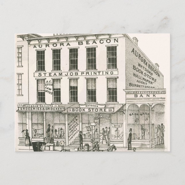 Aurora Illinois Aurora Beacon News 1871 Stone Lith Vykort (Framsida)
