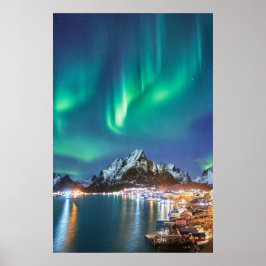 Aurora kväll på bron till Reine på Lofoten Poster