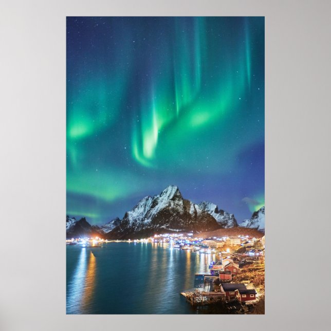 Aurora kväll på bron till Reine på Lofoten Poster (Framsidan)