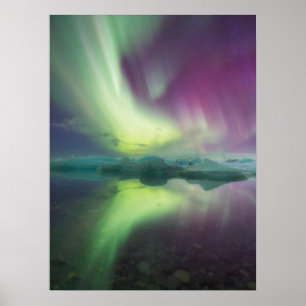 Aurora Ljuset i lagunen Jokulsarlon, Island Poster