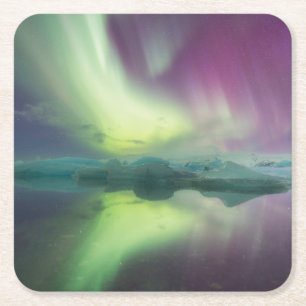 Aurora Ljuset i lagunen Jokulsarlon, Island Underlägg Papper Kvadrat