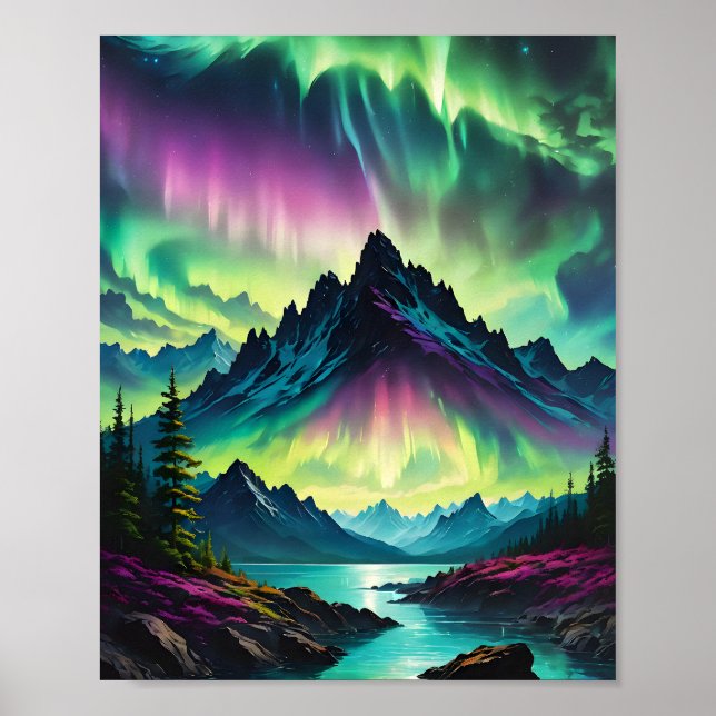 Aurora över Sjö i berget Poster (Framsidan)