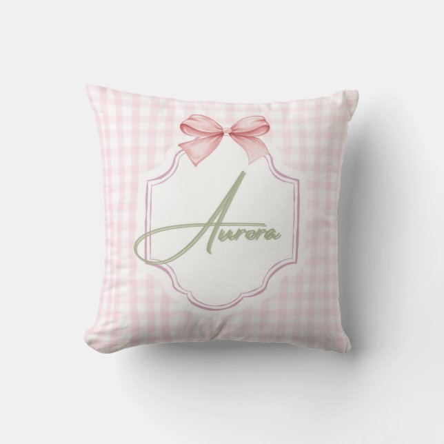 Aurora Personlig Rosa Bow & Gingham Skriv ut Kudde (Framsida)