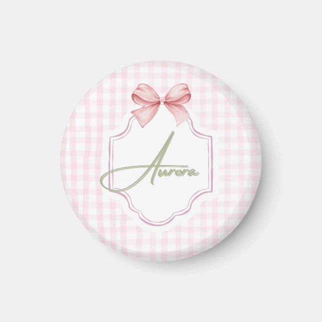 Aurora Personlig Rosa Bow & Gingham Skriv ut Magnet (Framsidan)